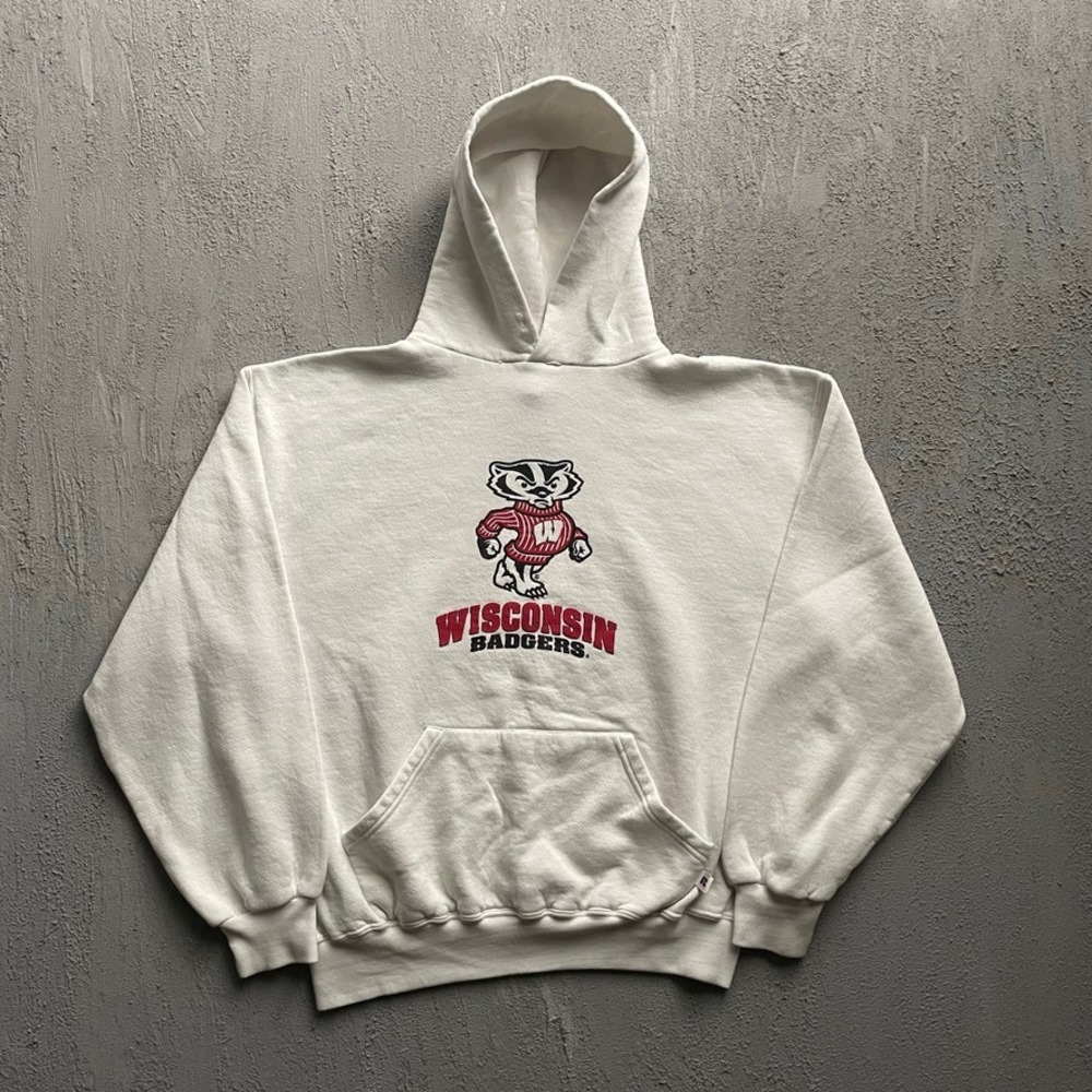 Vintage Wisconsin Badgers Pullover Hoodie Mens Large White 90s Russell Athletic